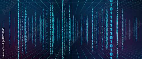Binay data 0 and 1 matrix code chains tunnel background illustration. hi tech style digital number computer technology.
