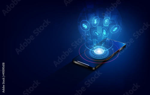 International currency transfer, payment via a smartphone using a smartphone Vector illustration of money concept