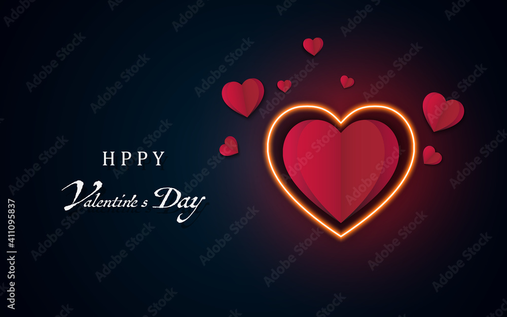 Happy Valentine's Day banner. Holiday background design with big hearton black fabric background. Horizontal poster, flyer, greeting card, header for website