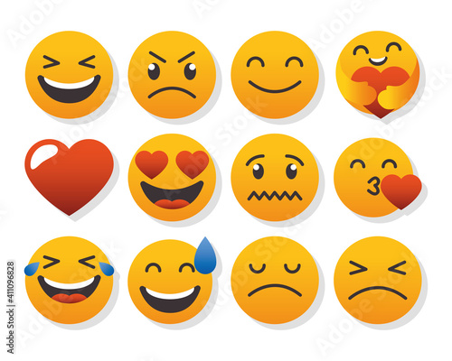heart and cartoon emojis icon set, colorful design