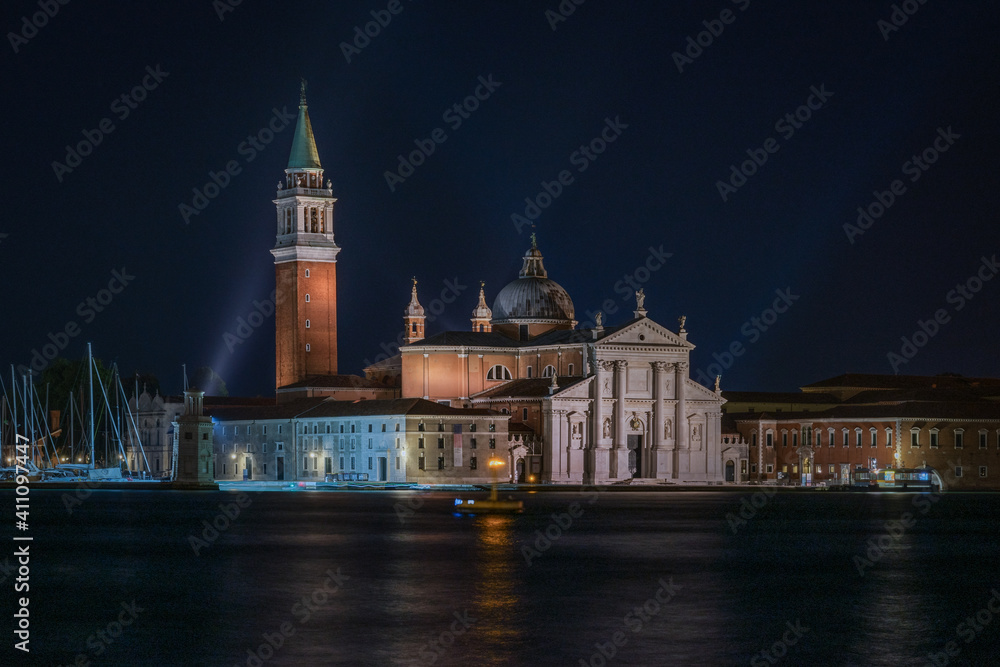 Night view of San Giorgio Maggiore church seen from St. Mark's Square, Venice, Italy