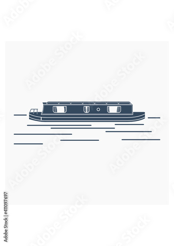 Editable Isolated Side View Narrow Boat Vector Illustration in Flat Monochrome Style for Transportation or Recreation of United Kingdom or Europe Related Design