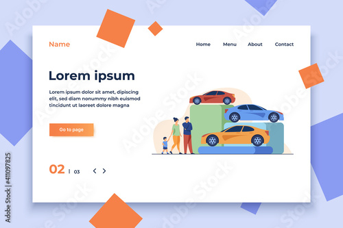 Family choosing new car in automobile store. Vehicle, kid, auto flat vector illustration. Shopping and transportation concept for banner, website design or landing web page