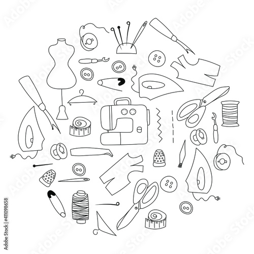 Pattern with sewing, talor professional Equipment. Round Shape. Vector Illustration