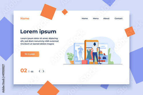 Customer buying cloth on Internet store. Women using gadget for online shopping flat vector illustration. Ecommerce, sale, retail concept for banner, website design or landing web page