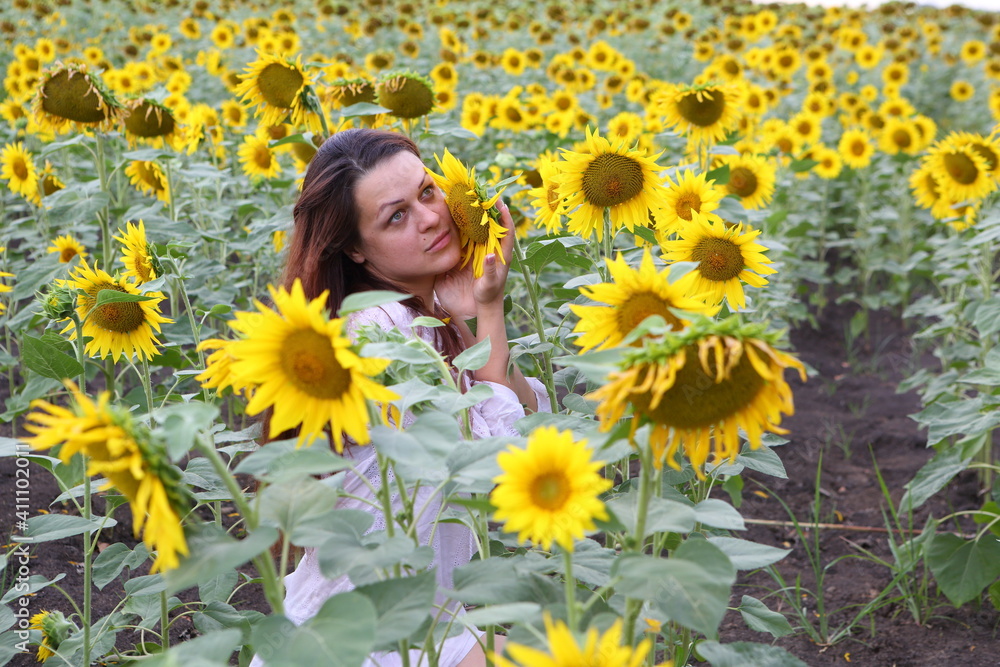 Girl in a white dress in a field of sunflowers Girl in a white dress in a field of sunflowers