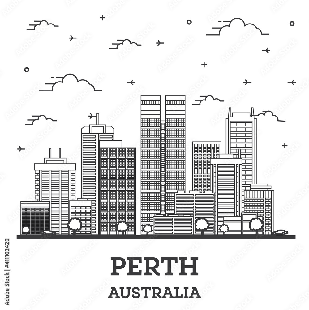 Outline Perth Australia City Skyline with Modern Buildings Isolated on White.