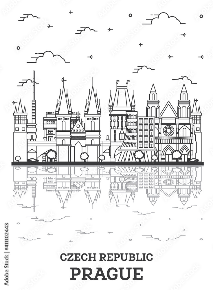 Outline Prague Czech Republic City Skyline with Historic Buildings and Reflections Isolated on White. Outline Prague Czech Republic City Skyline with Historic Buildings and Reflections Isolated on White.