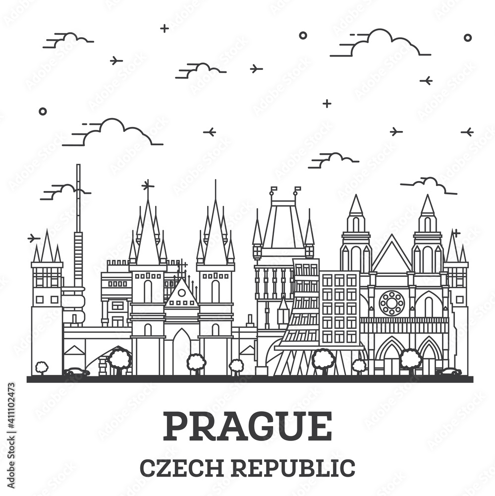Outline Prague Czech Republic City Skyline with Historic Buildings Isolated on White.