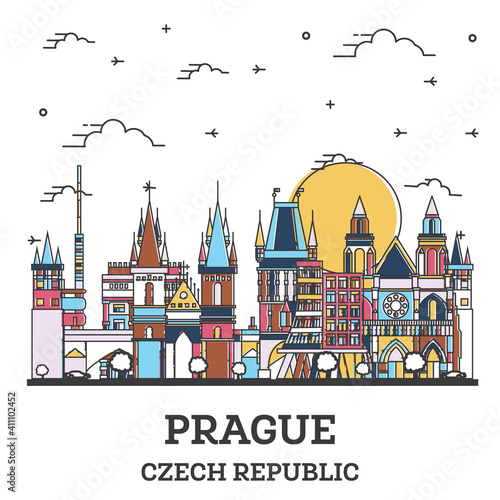 Outline Prague Czech Republic City Skyline with Colored Historic Buildings Isolated on White.