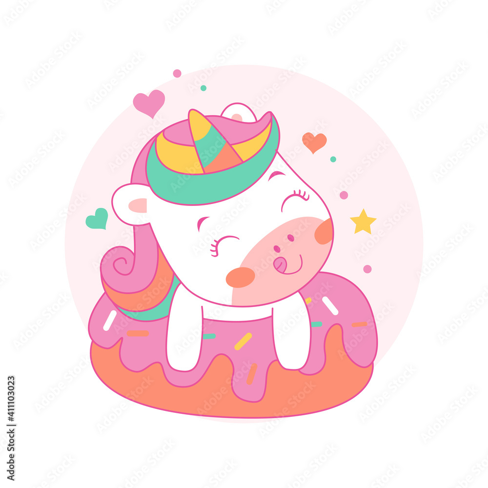 Cute unicorn girl on donut cartoon