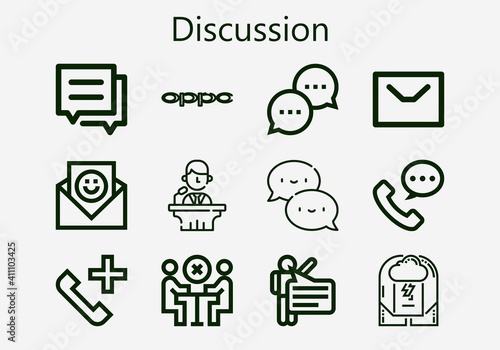Premium set of discussion [S] icons. Simple discussion icon pack. Stroke vector illustration on a white background. Modern outline style icons collection of Message, Oppo, Meeting, Chat