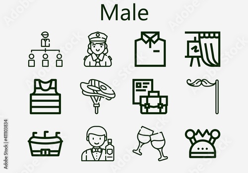 Premium set of male [S] icons. Simple male icon pack. Stroke vector illustration on a white background. Modern outline style icons collection of Group, Helmet, Shirt, Briefcase, Gallery, Mustache