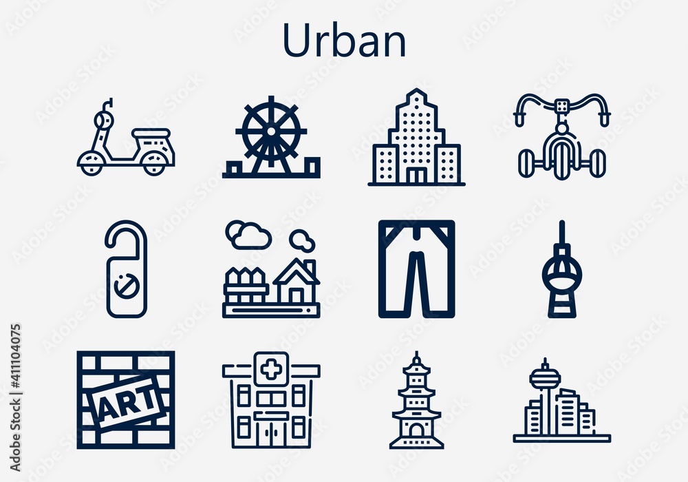 Premium set of urban [S] icons. Simple urban icon pack. Stroke vector illustration on a white background. Modern outline style icons collection of Amusement park, Scooter, Architecture, Buildings