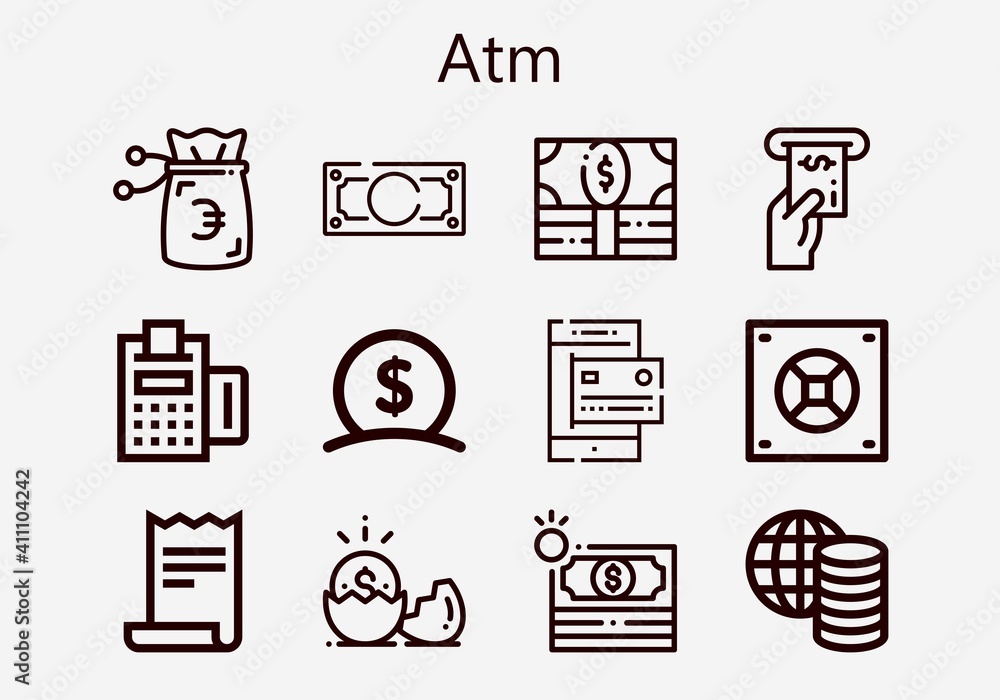 Premium set of atm [S] icons. Simple atm icon pack. Stroke vector illustration on a white background. Modern outline style icons collection of Money, Payment, Receipt, Safebox, Payment method, Atm