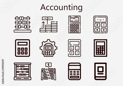 Premium set of accounting [S] icons. Simple accounting icon pack. Stroke vector illustration on a white background. Modern outline style icons collection of Online banking, Calculator, Abacus