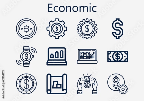 Premium set of economic [S] icons. Simple economic icon pack. Stroke vector illustration on a white background. Modern outline style icons collection of Scheme, Dollar, Profits, Profit, Investment