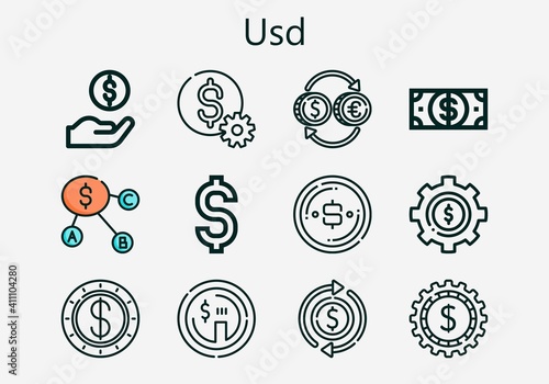 Premium set of usd [S] icons. Simple usd icon pack. Stroke vector illustration on a white background. Modern outline style icons collection of Dollar, Currency