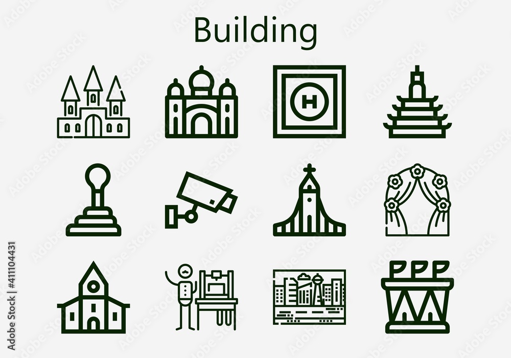 Premium set of building [S] icons. Simple building icon pack. Stroke vector illustration on a white background. Modern outline style icons collection of Stadium, Building, Church, Helipad, Gearshift