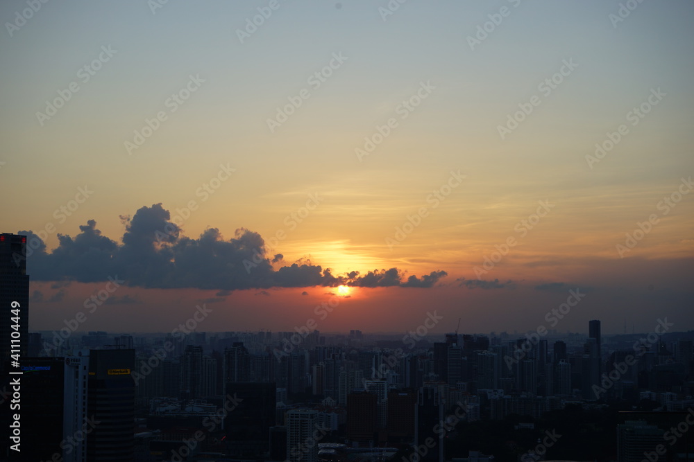 Aerial view of Skyscraper and Marina Bay area at dawn in Singapore - シンガポール マリーナベイ エリア 朝日