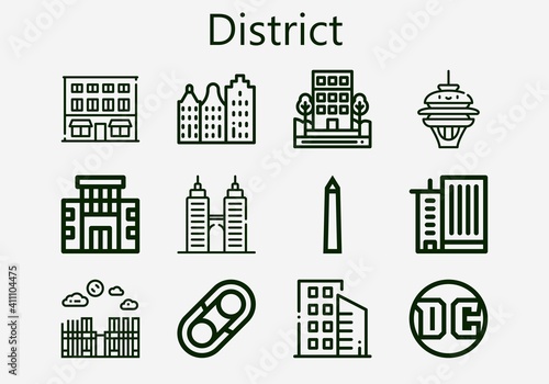 Premium set of district [S] icons. Simple district icon pack. Stroke vector illustration on a white background. Modern outline style icons collection of Building, Office building, Buildings, National 