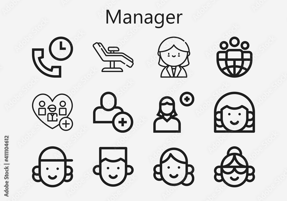 Fototapeta premium Premium set of manager [S] icons. Simple manager icon pack. Stroke vector illustration on a white background. Modern outline style icons collection of Receptionist, Add, Add user, Support, Leader