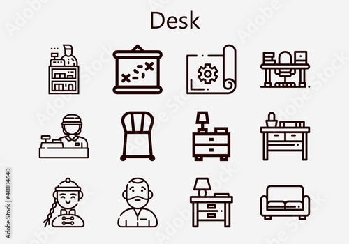 Premium set of desk [S] icons. Simple desk icon pack. Stroke vector illustration on a white background. Modern outline style icons collection of Sofa, Boarding, Study, Chair, Clerk, Planning