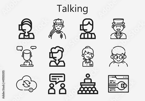 Premium set of talking [S] icons. Simple talking icon pack. Stroke vector illustration on a white background. Modern outline style icons collection of Call center, Support, Man, Talk, Sync