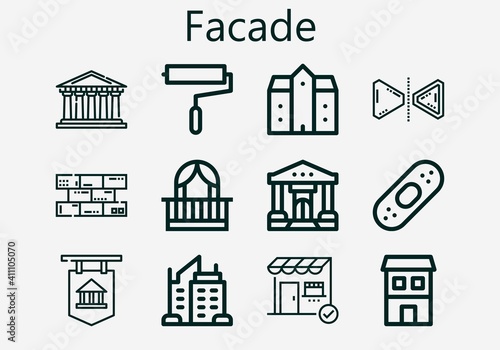Premium set of facade [S] icons. Simple facade icon pack. Stroke vector illustration on a white background. Modern outline style icons collection of Pantheon, Bank, Paint roller, Reflect, Bricks