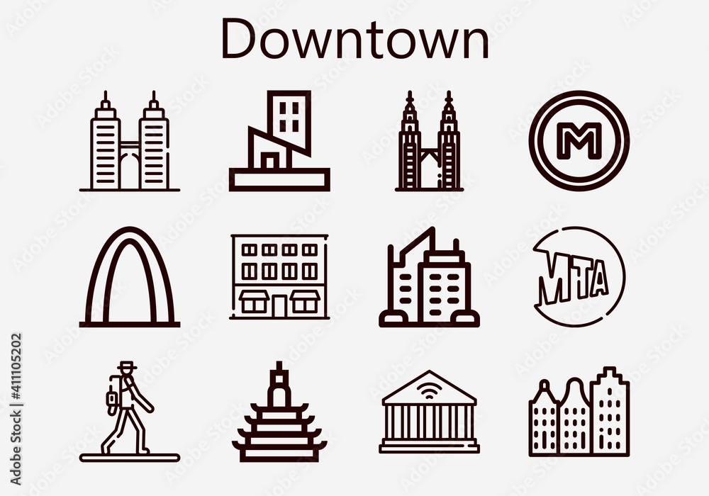 Premium set of downtown [S] icons. Simple downtown icon pack. Stroke vector illustration on a white background. Modern outline style icons collection of Building, New york, Petronas, Metro