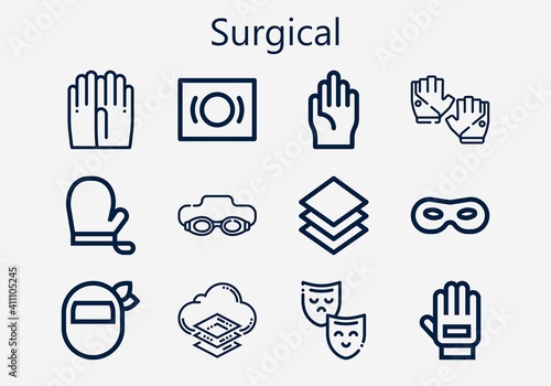 Premium set of surgical [S] icons. Simple surgical icon pack. Stroke vector illustration on a white background. Modern outline style icons collection of Glove, Gloves, Goggle, Mask, Layer