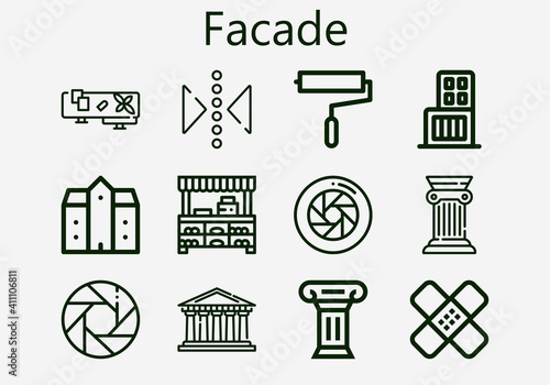 Premium set of facade [S] icons. Simple facade icon pack. Stroke vector illustration on a white background. Modern outline style icons collection of Pantheon, Shopping center, Column, Balcony