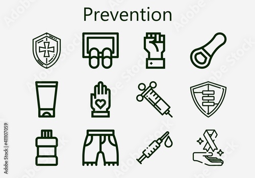 Premium set of prevention [S] icons. Simple prevention icon pack. Stroke vector illustration on a white background. Modern outline style icons collection of Doormat, Mouthwash, Shield, Syringe