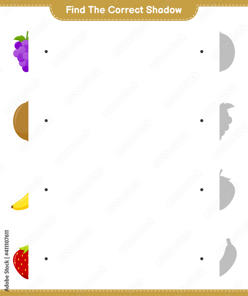 Find the correct shadow. Find and match the correct shadow of Fruits. Educational children game, printable worksheet, vector illustration Find the correct shadow. Find and match the correct shadow of Fruits. Educational children game, printable worksheet, vector illustration