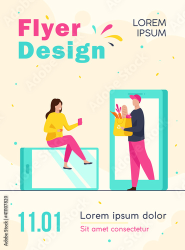 Woman ordering delivery from grocery store. Courier stepping of gadget with bag of food flat vector illustration. App, internet, service concept for banner, website design or landing web page