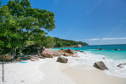 One of the Wonderful Beaches with palm trees on Sychelles Islands