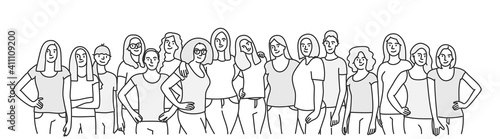 Five best friends embracing each other. Hand drawn vector illustration.