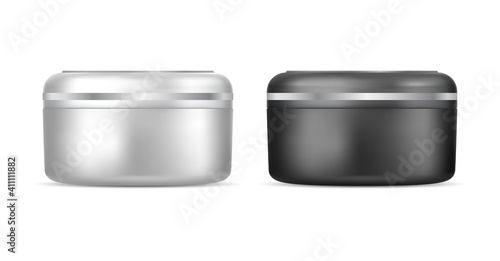 Cream container. Plastic cream jar. Beauty cosmetic vector packaging mockup isolated round blank. Face skin care package template. Premium creme orointment pot, silver black blank