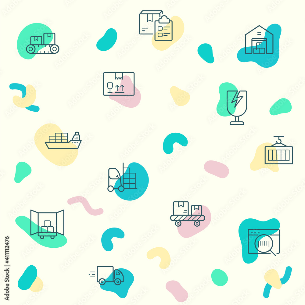 pattern on the theme of logistics, delivery, campfire, box, shopping, commerce, retail, trade, merchandise, container, vehicle, truck and more. simple color icons on beige background. pattern on the theme of logistics, delivery, campfire, box, shopping, commerce, retail, trade, merchandise, container, vehicle, truck and more. simple color icons on beige background.