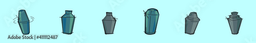 set of cocktail shaker cartoon icon design template with various models. vector illustration isolated on blue background