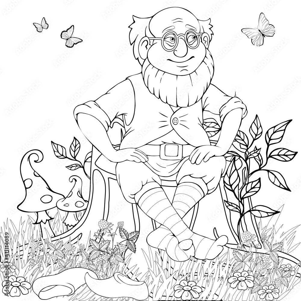 A Cheerful man sits on a tree stump. Coloring book. Children's illustration.