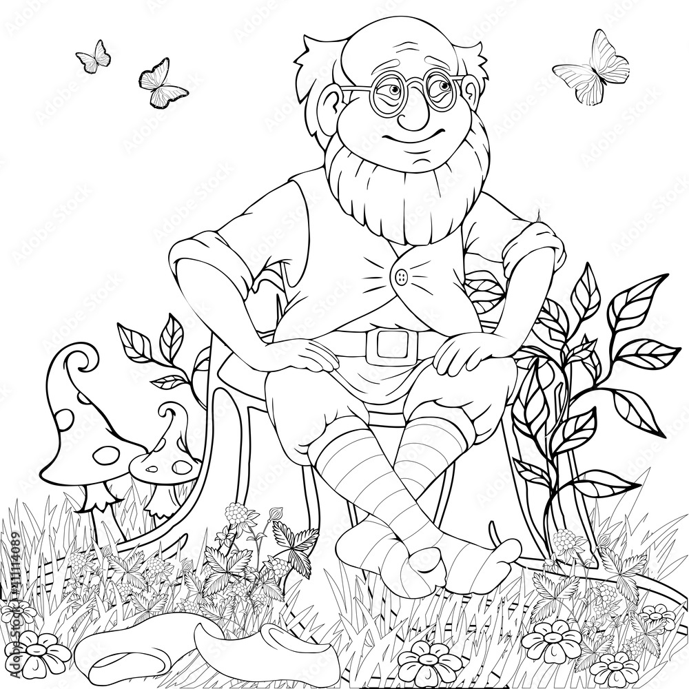 Fototapeta premium A Cheerful man sits on a tree stump. Coloring book. Children's illustration.