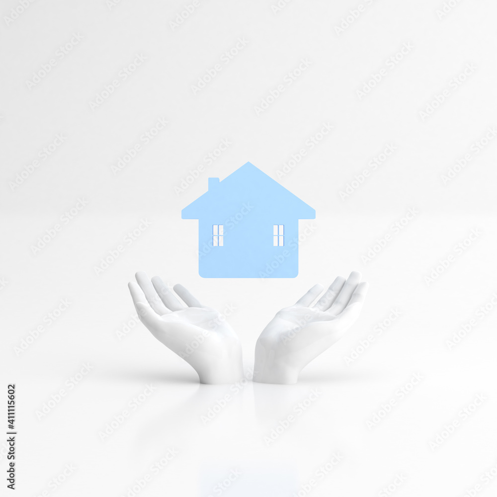 Rendering of hands and mock up floating house Minimal concept, 3d rendering.