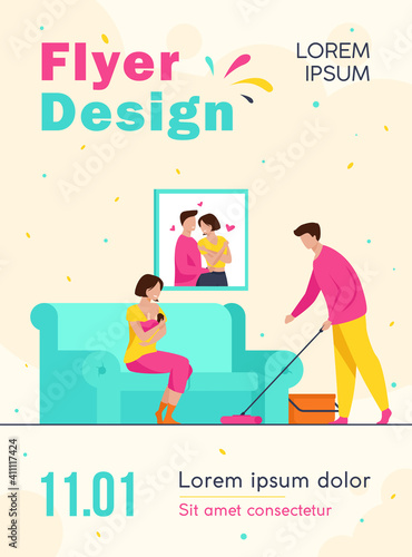 Loving man helping with house routine when woman feeding baby. Breast, family, newborn flat vector illustration. Motherhood and lactation concept for banner, website design or landing web page