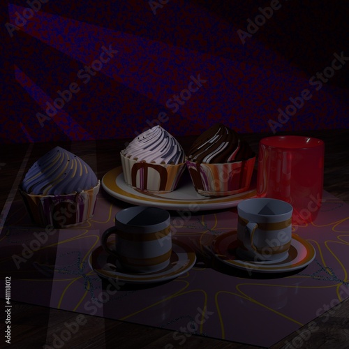 3d illustration with table set with cups of coffee, plates and muffins photo