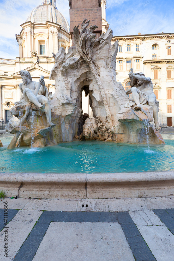 17th century Fountain of the Four Rivers located in Piazza Navona, Rome, Italy