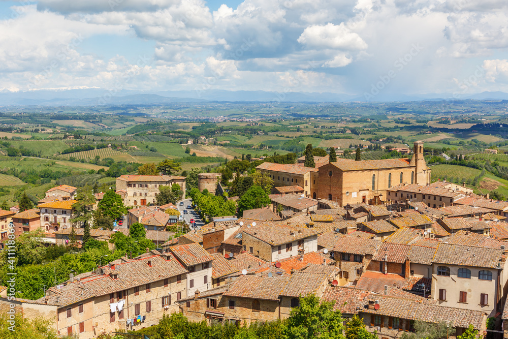 City View of San Gimignano and the landscape of Tuscany in Italy