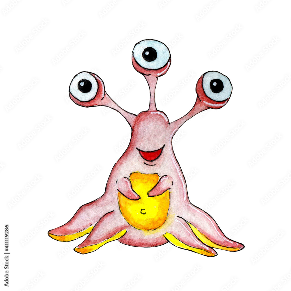 Watercolor illustration of a cute pink alien with three eyes and ...