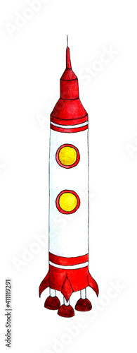 Watercolor illustration of a white and red rocket with two portholes. Child s drawing of a spaceship. Interplanetary travel. Isolated over white background. Drawn by hand.