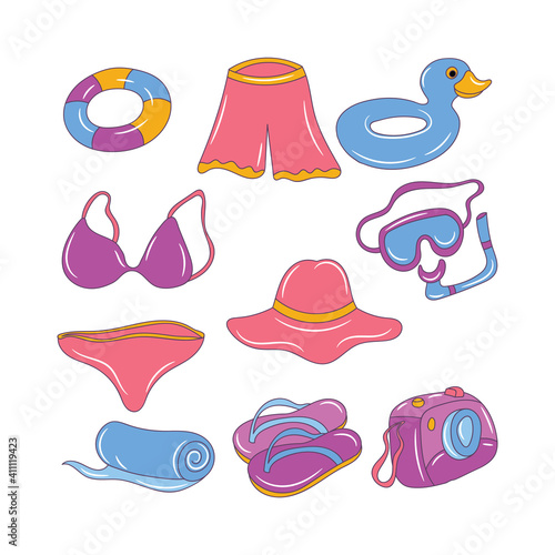 Picnic beach equipment vector illustration, isolated colored hand drawn linear style 